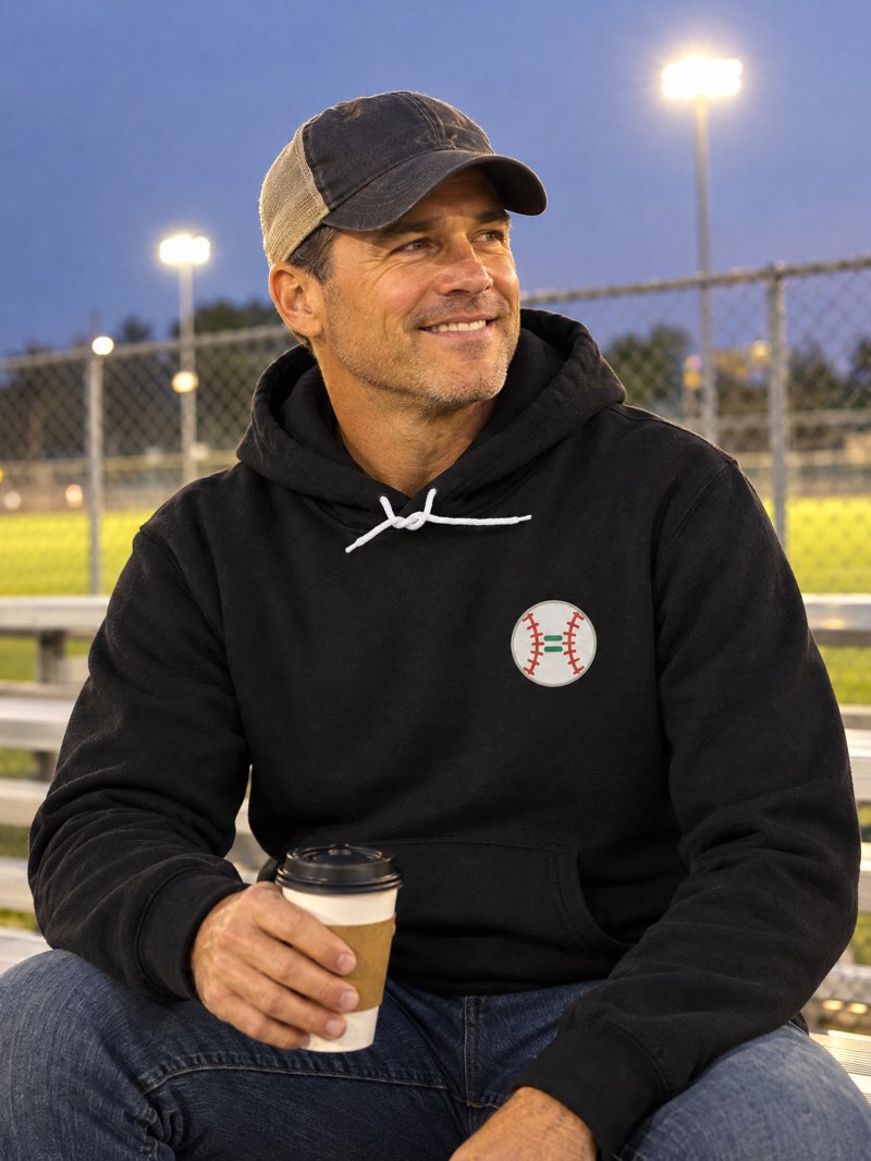 A dad on the bleachers at dusk with a coffee, wearing the Hoodie in black with the full-color ball mark on the left chest.