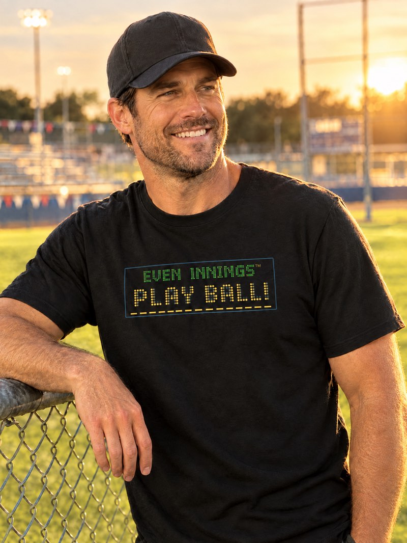 A man leaning on a ballfield fence at sunset, wearing the Play Ball! Scoreboard Tee in black with EVEN INNINGS and PLAY BALL! in mint and gold scoreboard lights across the chest.