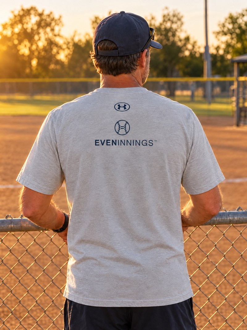 A coach seen from behind at the infield fence, wearing the Under Armour Tee in gray with the Even Innings mark and name printed across the upper back.